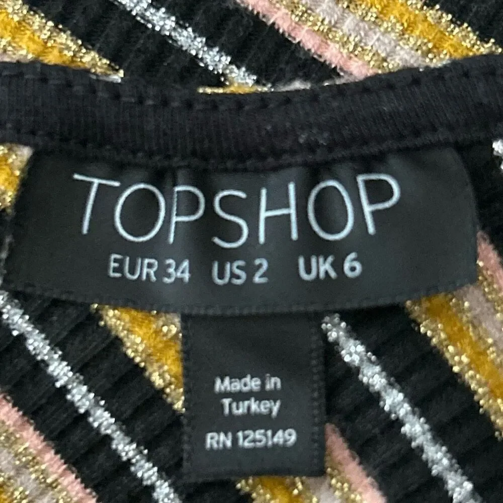 Topshop Nordstrom Bodysuit Women's Sz 2 Multicolor Stripe Ribbed Metallic V-Neck